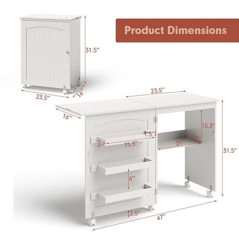 Table d'artisanat de couture pliante blanche avec armoire de rangement à étagères