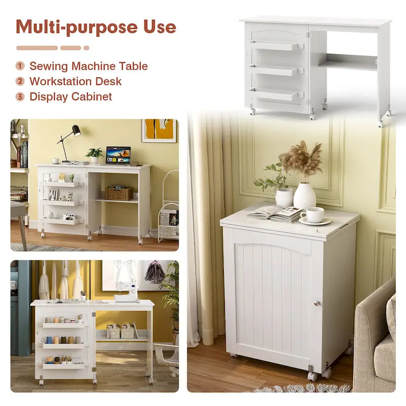 Table d'artisanat de couture pliante blanche avec armoire de rangement à étagères