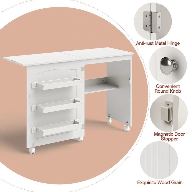 Table d'artisanat de couture pliante blanche avec armoire de rangement à étagères