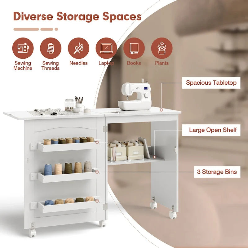 Table d'artisanat de couture pliante blanche avec armoire de rangement à étagères