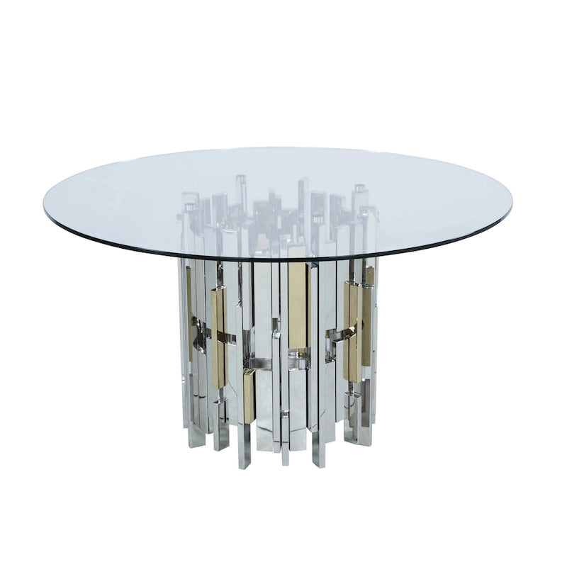 Table à manger ronde contemporaine en verre avec piètement grappe en acier et doré