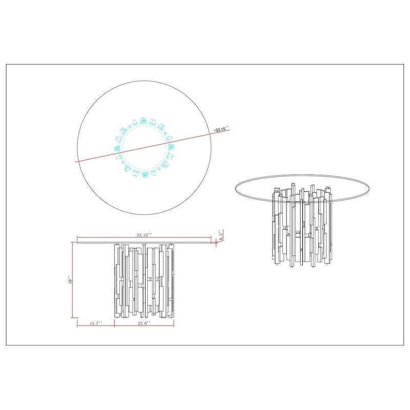 Table à manger ronde contemporaine en verre avec piètement grappe en acier et doré