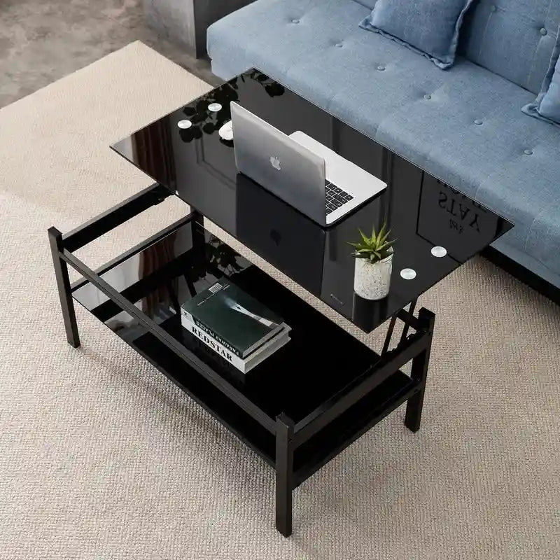 Table basse relevable en verre avec rangement pour salon et bureau à domicile