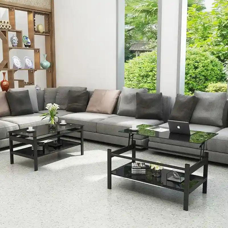 Table basse relevable en verre avec rangement pour salon et bureau à domicile