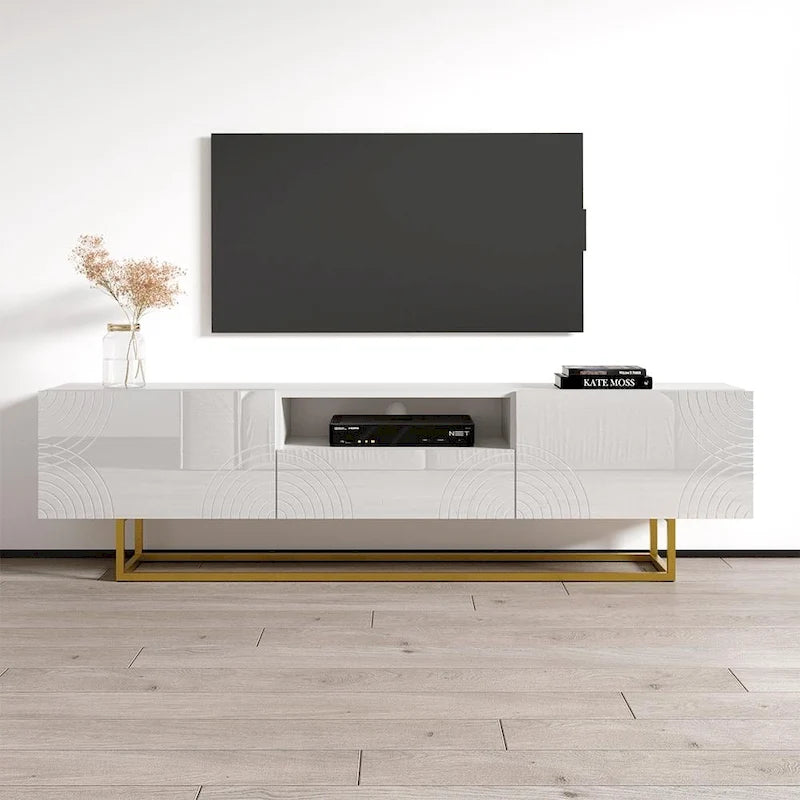 Meuble TV moderne 75" avec façades laquées brillantes
