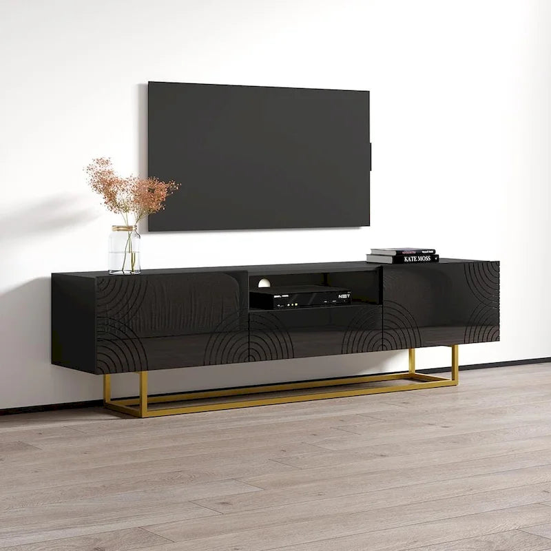 Meuble TV moderne 75" avec façades laquées brillantes