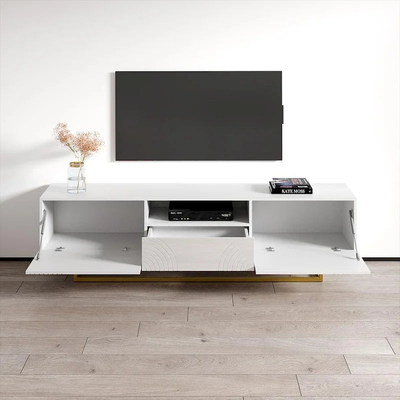 Meuble TV moderne 75" avec façades laquées brillantes