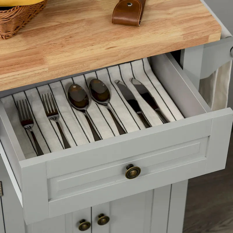Desserte de cuisine roulante avec plateau en bois d'hévéa, porte-épices et tiroirs