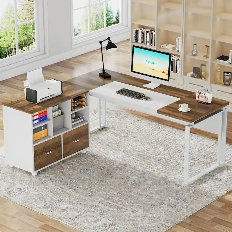Bureau d'ordinateur en L de 63 pouces, bureaux de direction avec classeur réversible et tiroirs de rangement pour le bureau à domicile