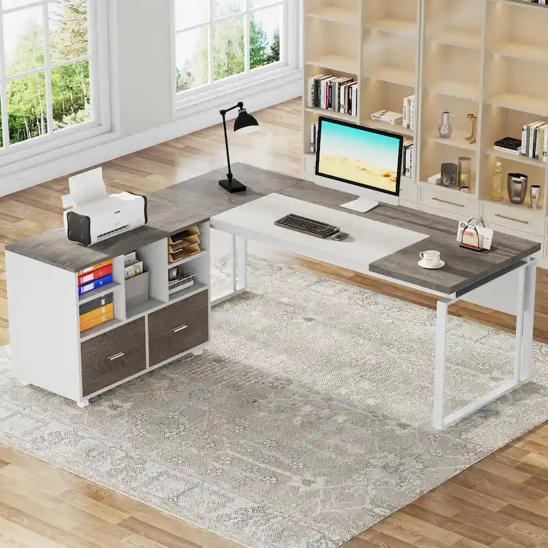 Bureau d'ordinateur en L de 63 pouces, bureaux de direction avec classeur réversible et tiroirs de rangement pour le bureau à domicile