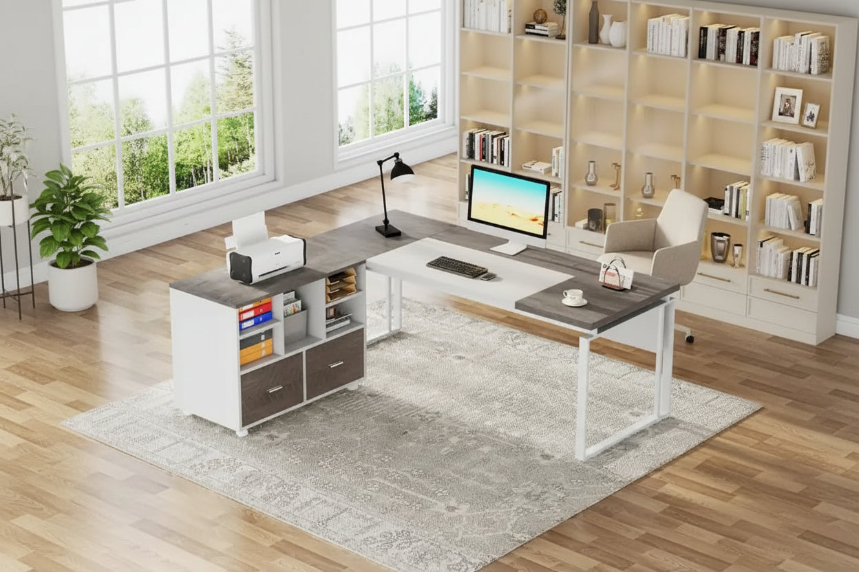 63 L-Shaped Computer Desk Executive Desks with Reversible File Cabinet and Storage Drawers for Home Office