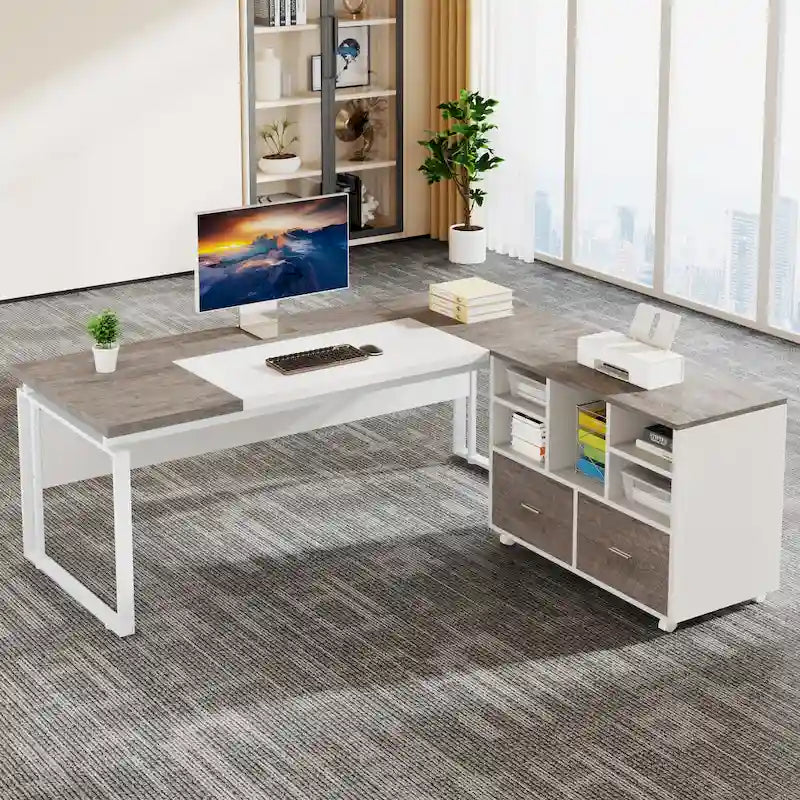 Bureau d'ordinateur en L de 63 pouces, bureaux de direction avec classeur réversible et tiroirs de rangement pour le bureau à domicile