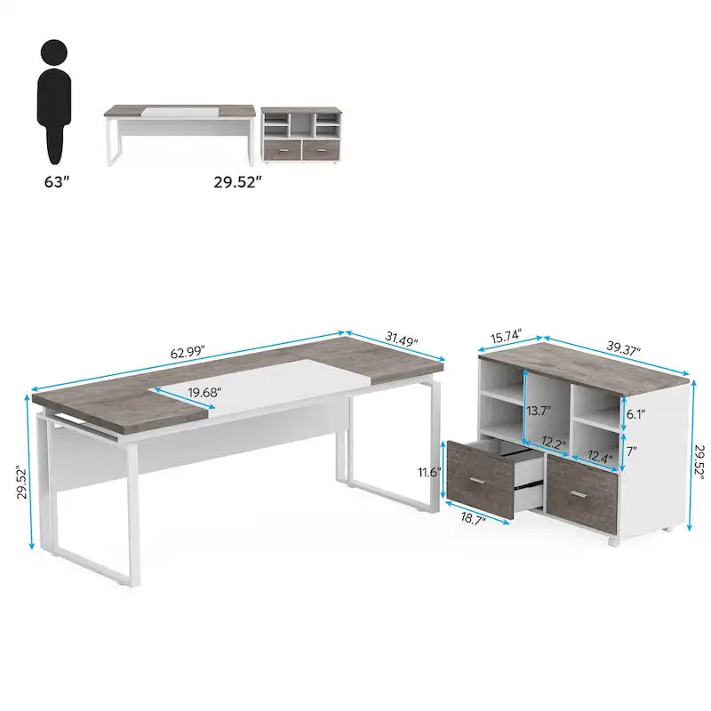 Bureau d'ordinateur en L de 63 pouces, bureaux de direction avec classeur réversible et tiroirs de rangement pour le bureau à domicile