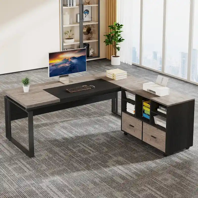 Bureau d'ordinateur en L de 63 pouces, bureaux de direction avec classeur réversible et tiroirs de rangement pour le bureau à domicile