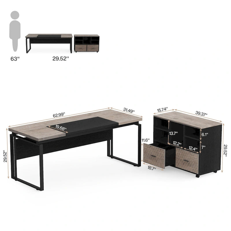 Bureau d'ordinateur en L de 63 pouces, bureaux de direction avec classeur réversible et tiroirs de rangement pour le bureau à domicile