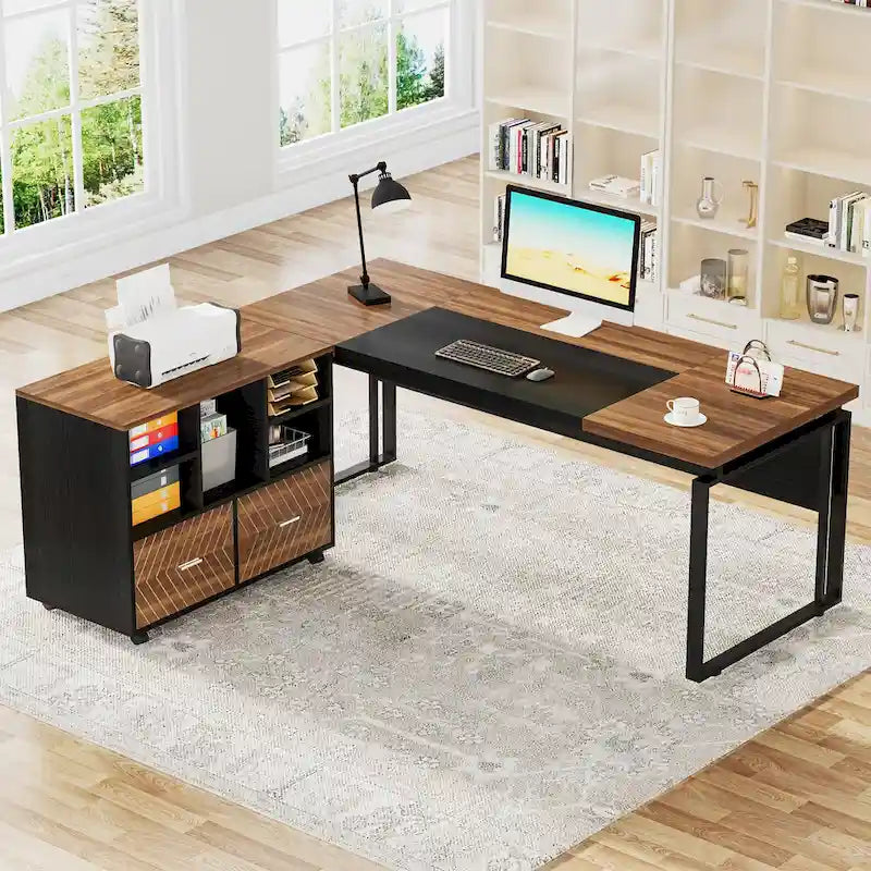 Bureau d'ordinateur en L de 63 pouces, bureaux de direction avec classeur réversible et tiroirs de rangement pour le bureau à domicile