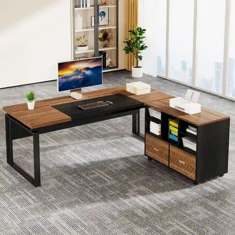 Bureau d'ordinateur en L de 63 pouces, bureaux de direction avec classeur réversible et tiroirs de rangement pour le bureau à domicile