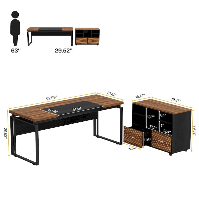 Bureau d'ordinateur en L de 63 pouces, bureaux de direction avec classeur réversible et tiroirs de rangement pour le bureau à domicile