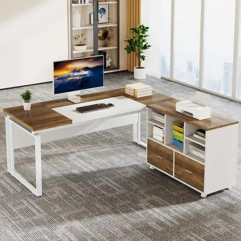 Bureau d'ordinateur en L de 63 pouces, bureaux de direction avec classeur réversible et tiroirs de rangement pour le bureau à domicile