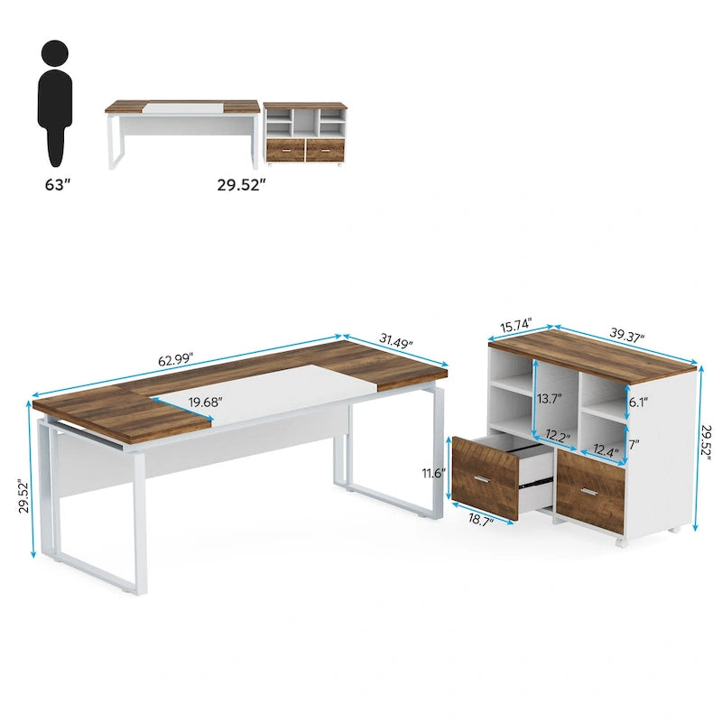 Bureau d'ordinateur en L de 63 pouces, bureaux de direction avec classeur réversible et tiroirs de rangement pour le bureau à domicile