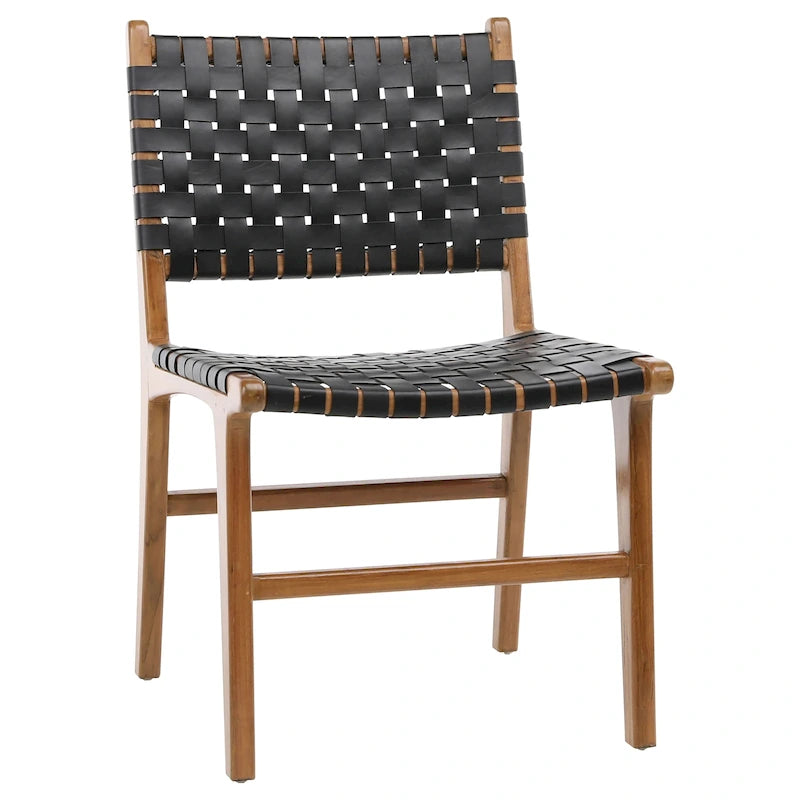 Chaise de salle à manger latérale en cuir pleine fleur tressé et cadre en teck