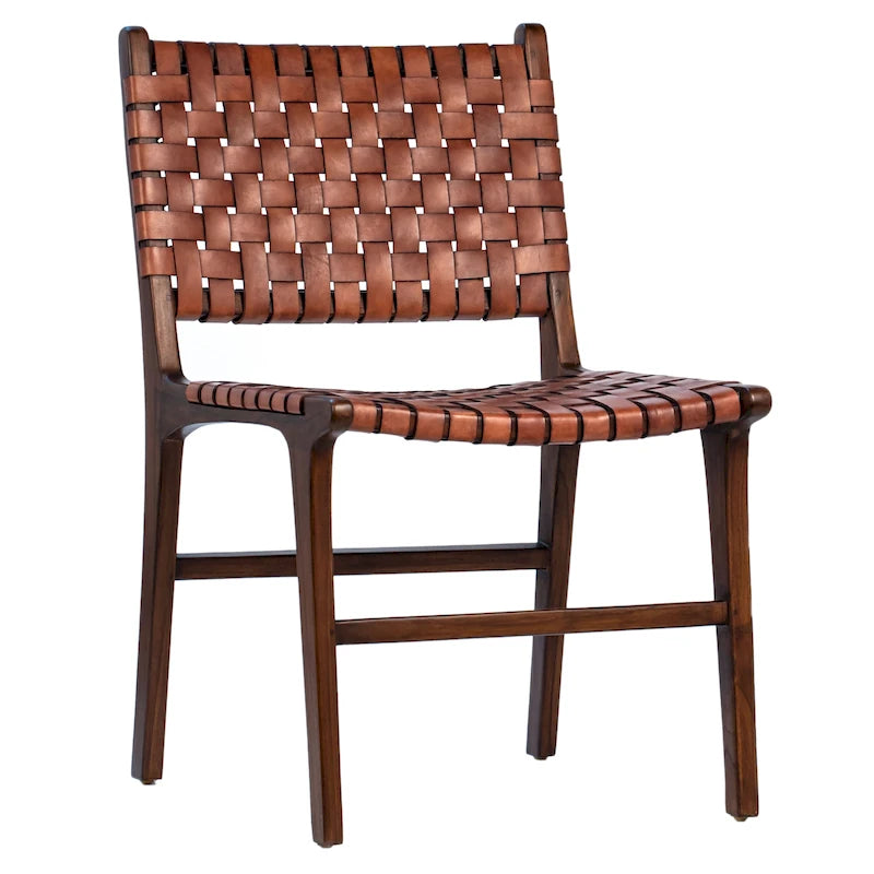 Chaise de salle à manger latérale en cuir pleine fleur tressé et cadre en teck