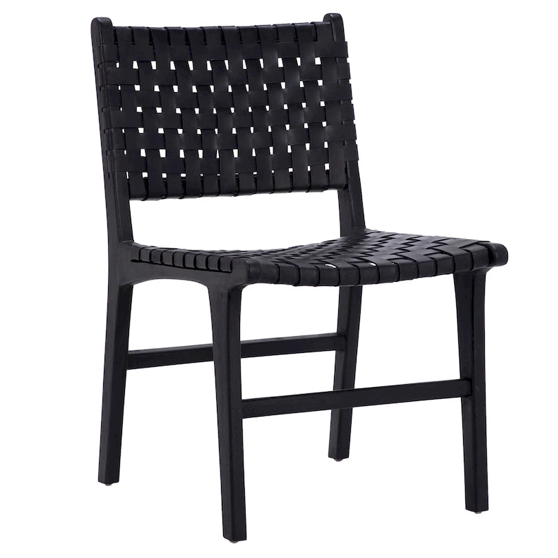 Chaise de salle à manger latérale en cuir pleine fleur tressé et cadre en teck