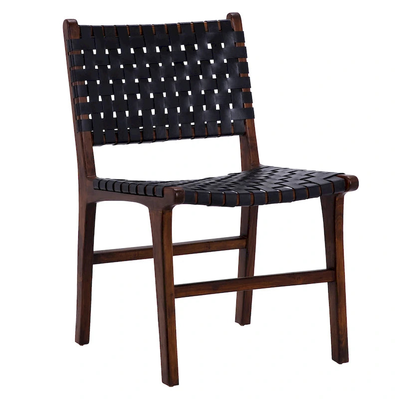 Chaise de salle à manger latérale en cuir pleine fleur tressé et cadre en teck