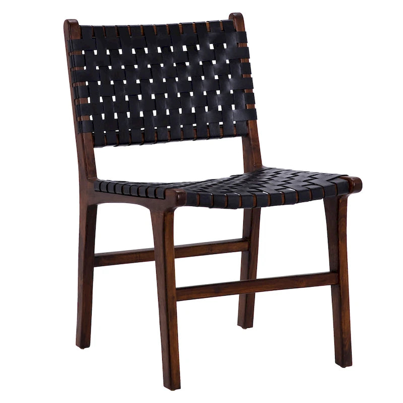 Chaise de salle à manger latérale en cuir pleine fleur tressé et cadre en teck