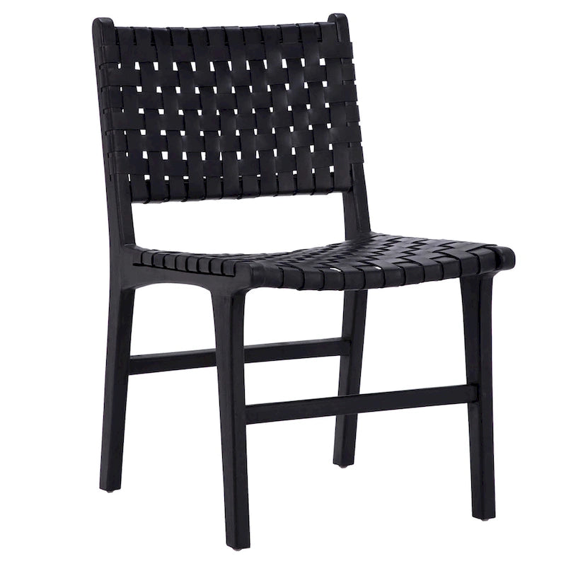 Chaise de salle à manger latérale en cuir pleine fleur tressé et cadre en teck