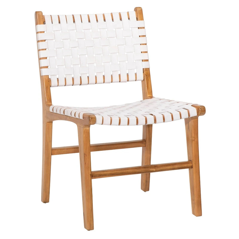 Chaise de salle à manger latérale en cuir pleine fleur tressé et cadre en teck