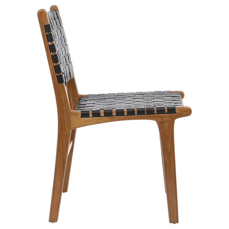 Chaise de salle à manger latérale en cuir pleine fleur tressé et cadre en teck