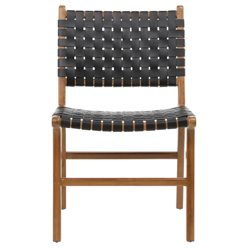 Chaise de salle à manger latérale en cuir pleine fleur tressé et cadre en teck