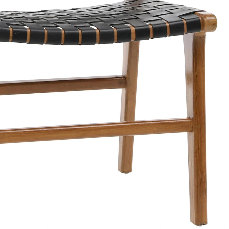 Chaise de salle à manger latérale en cuir pleine fleur tressé et cadre en teck