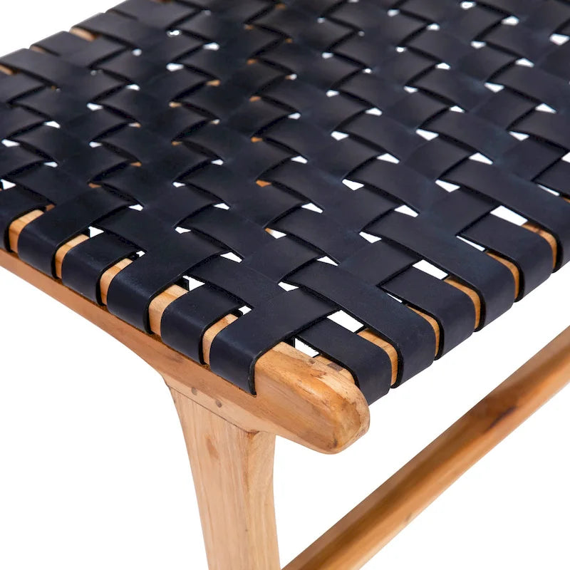 Chaise de salle à manger latérale en cuir pleine fleur tressé et cadre en teck