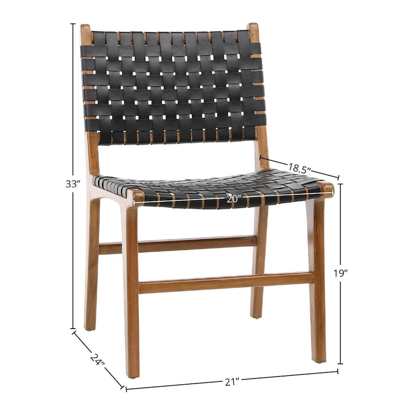 Chaise de salle à manger latérale en cuir pleine fleur tressé et cadre en teck