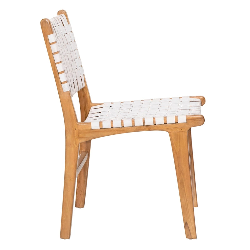 Chaise de salle à manger latérale en cuir pleine fleur tressé et cadre en teck