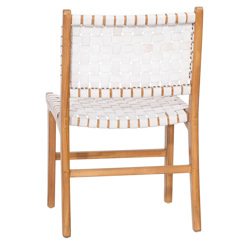 Chaise de salle à manger latérale en cuir pleine fleur tressé et cadre en teck