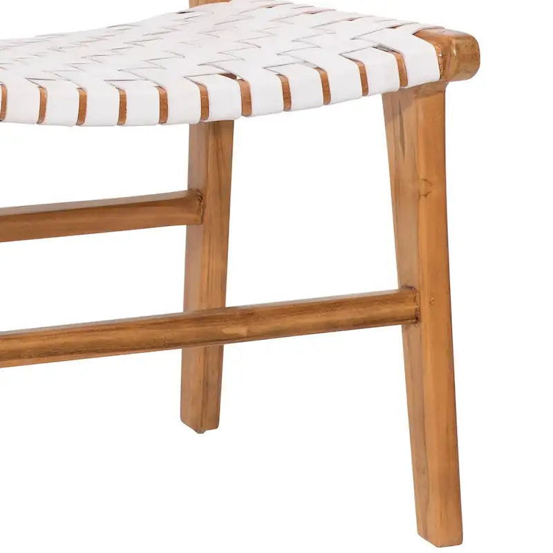Chaise de salle à manger latérale en cuir pleine fleur tressé et cadre en teck