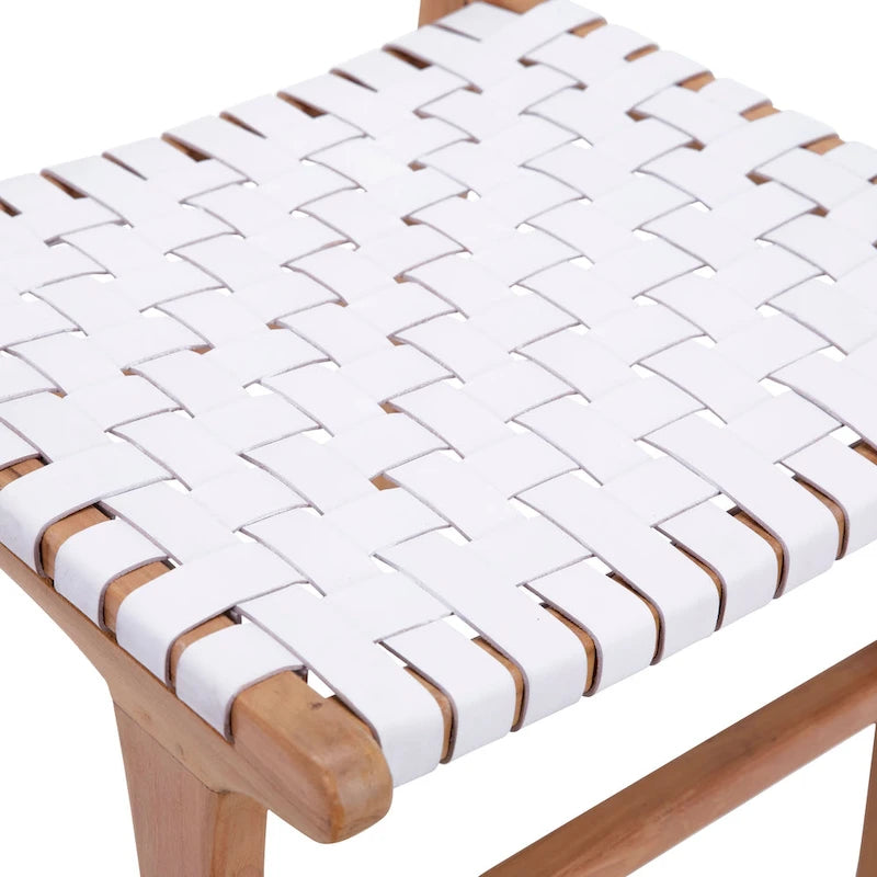 Chaise de salle à manger latérale en cuir pleine fleur tressé et cadre en teck