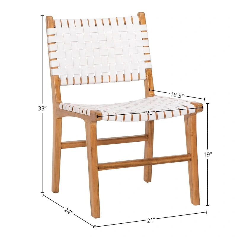Chaise de salle à manger latérale en cuir pleine fleur tressé et cadre en teck