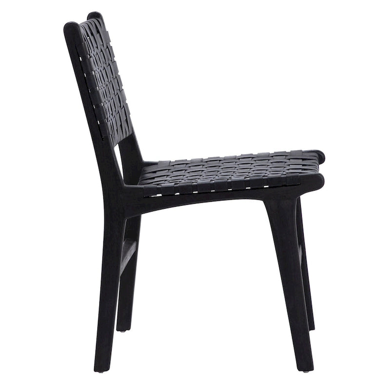 Chaise de salle à manger latérale en cuir pleine fleur tressé et cadre en teck