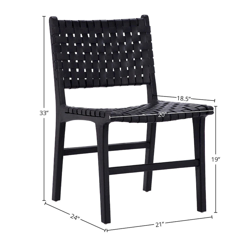 Chaise de salle à manger latérale en cuir pleine fleur tressé et cadre en teck
