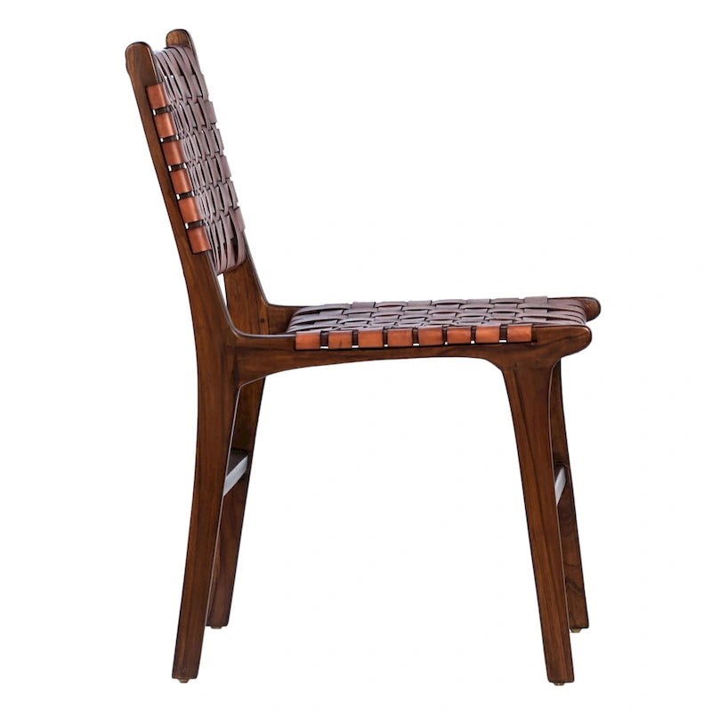 Chaise de salle à manger latérale en cuir pleine fleur tressé et cadre en teck