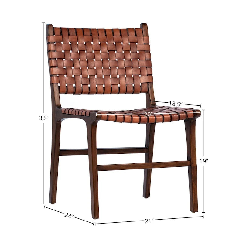 Chaise de salle à manger latérale en cuir pleine fleur tressé et cadre en teck