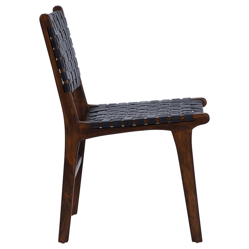 Chaise de salle à manger latérale en cuir pleine fleur tressé et cadre en teck