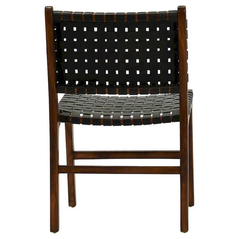 Chaise de salle à manger latérale en cuir pleine fleur tressé et cadre en teck
