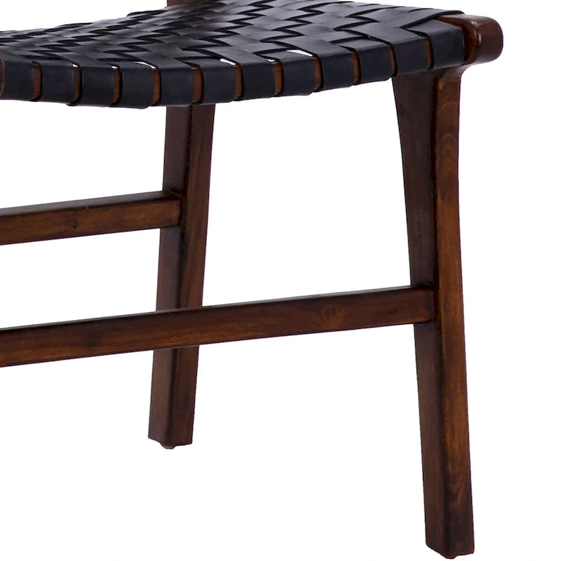 Chaise de salle à manger latérale en cuir pleine fleur tressé et cadre en teck