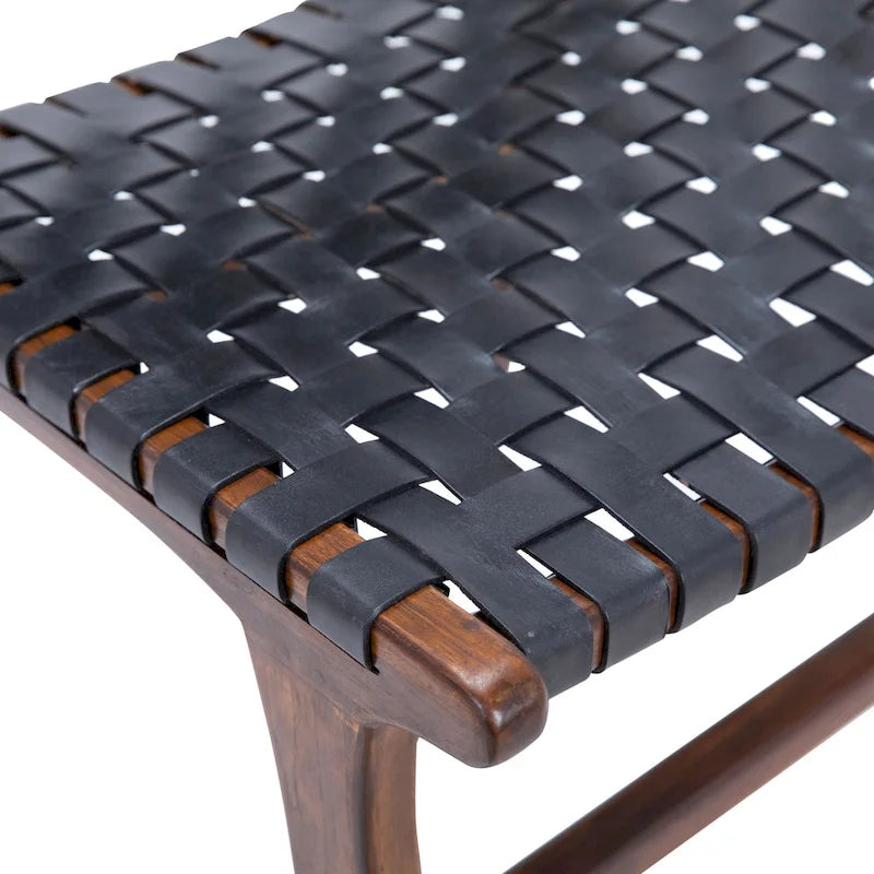 Chaise de salle à manger latérale en cuir pleine fleur tressé et cadre en teck