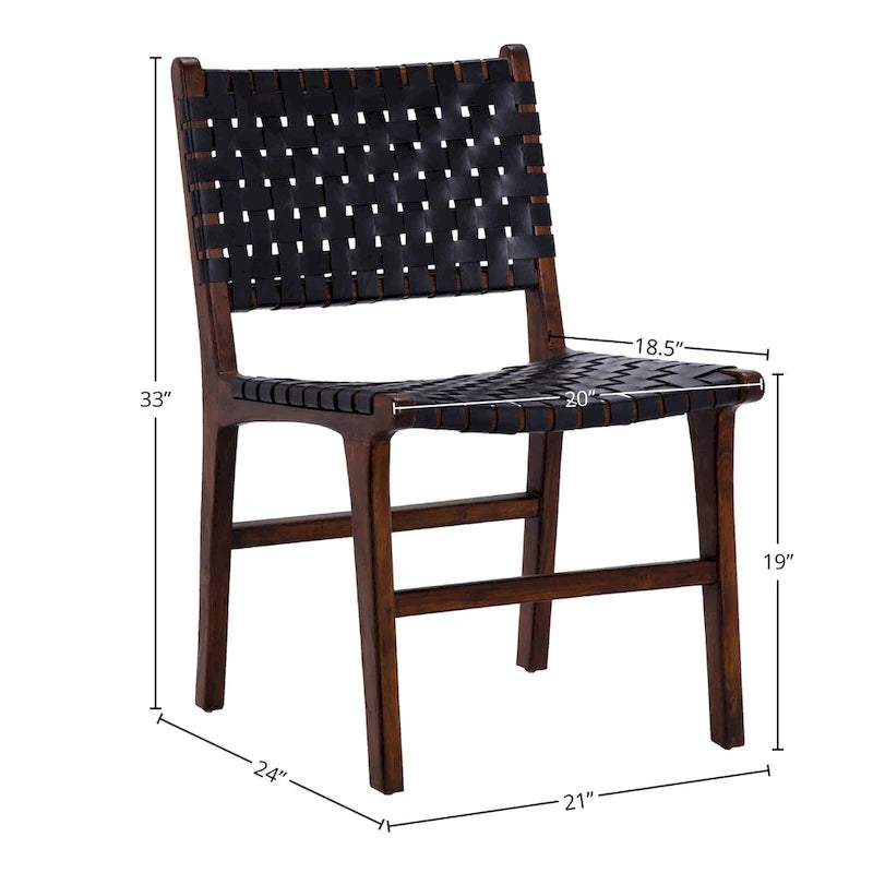 Chaise de salle à manger latérale en cuir pleine fleur tressé et cadre en teck